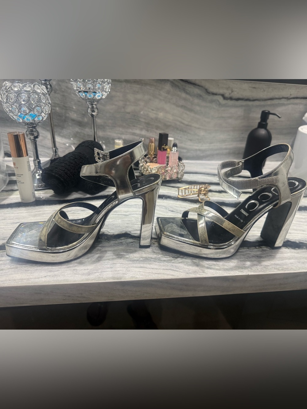 Gucci Metallic Silver Platform Strappy Heels